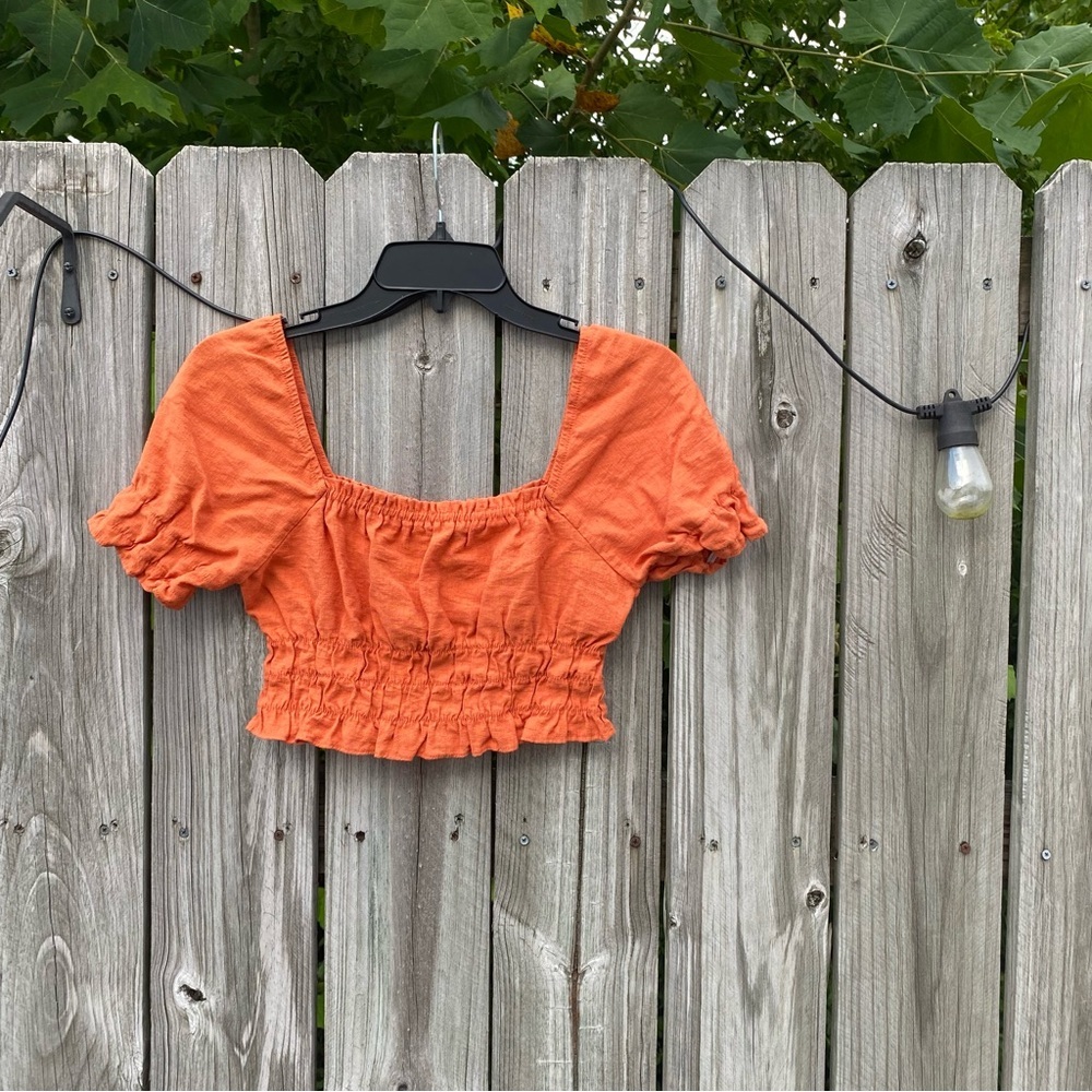 Paper Crane Burnt Orange Smocked Waist Puff Sleeve Crop Top XS C12679AT